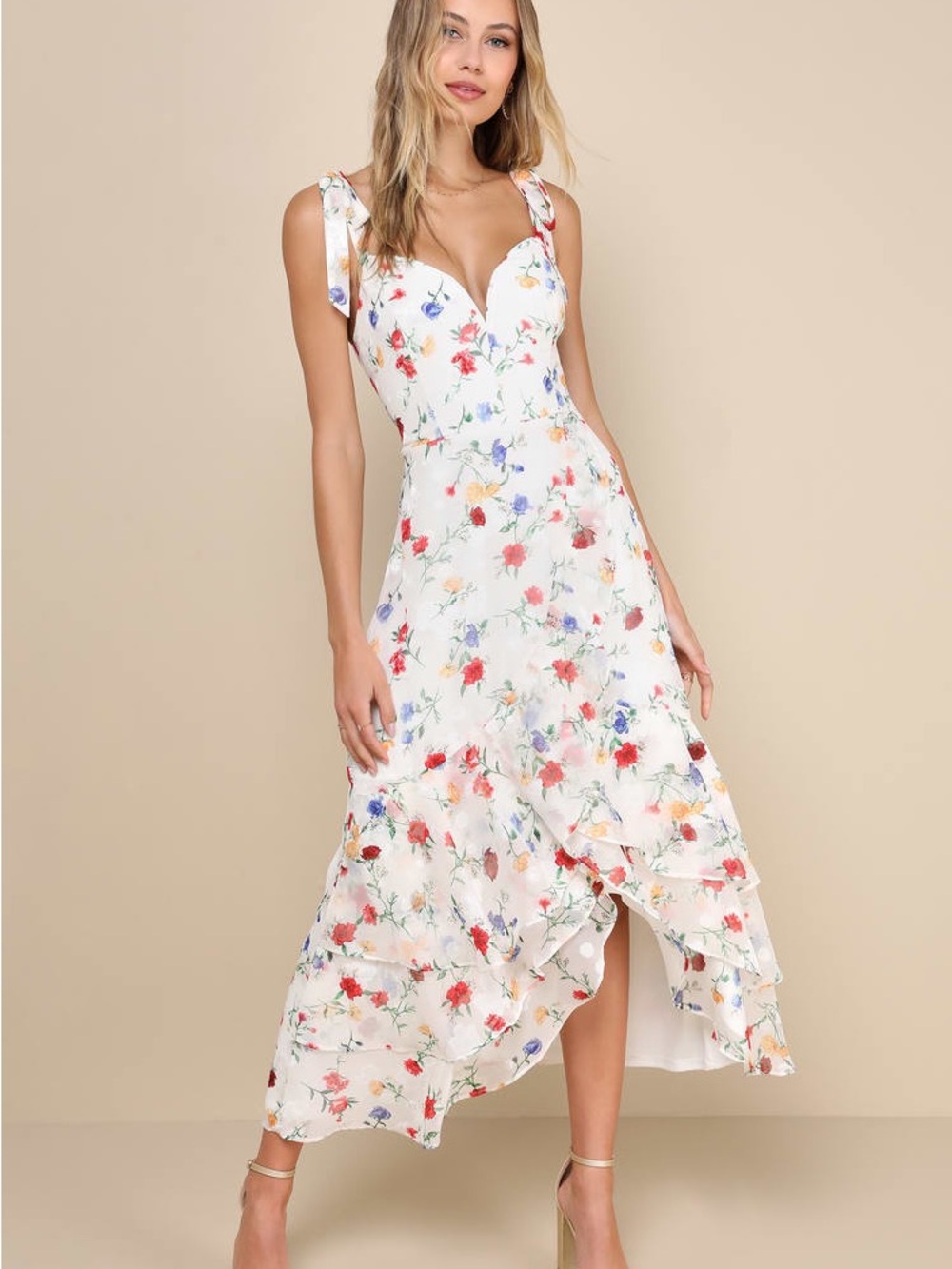 Lulu's White Floral Tie-Shoulder High-Low Midi Dress